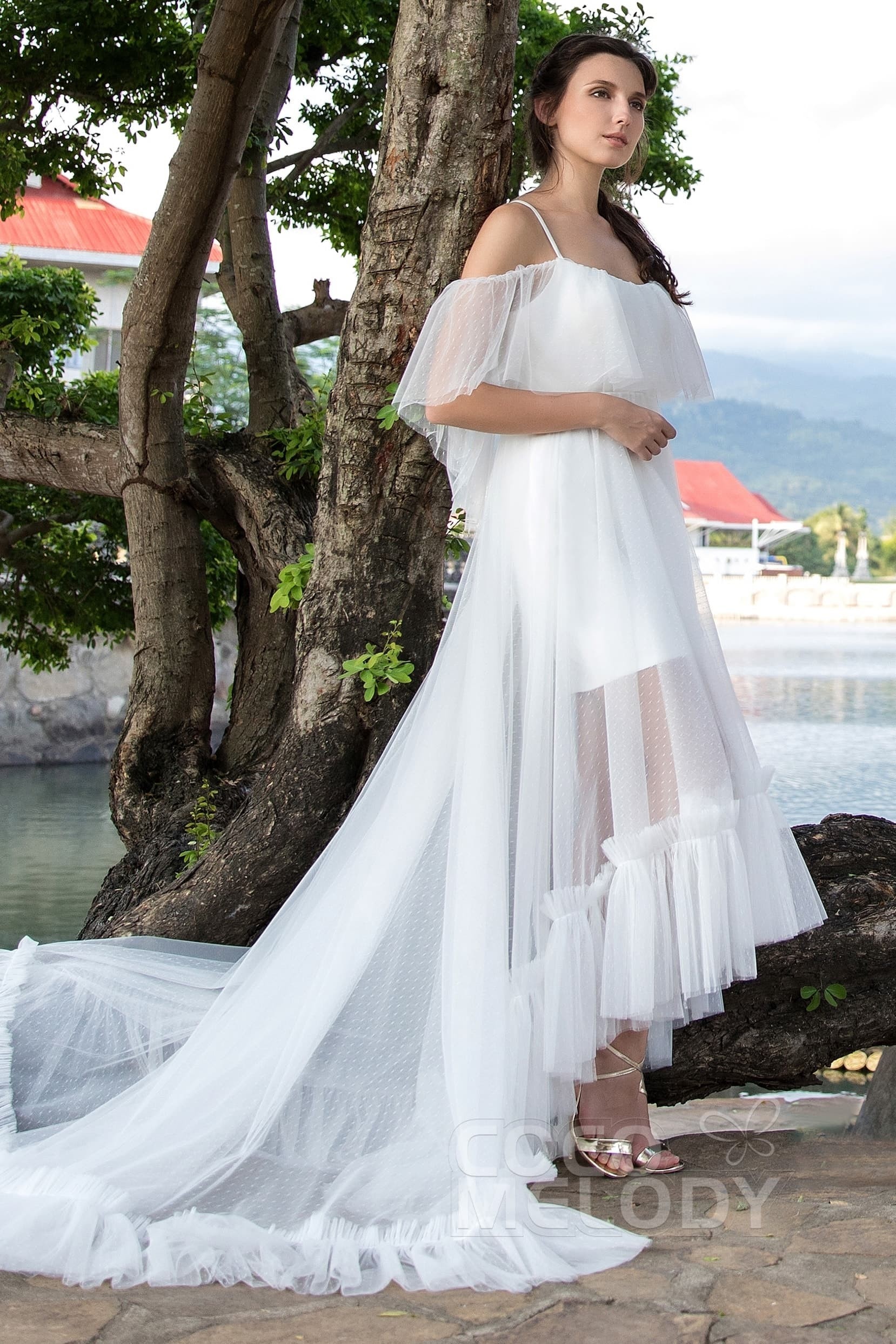 nontraditional unique wedding dresses, fun and unique wedding gown, Asymmetrical Sweep-Brush Train Tulle Wedding Dress