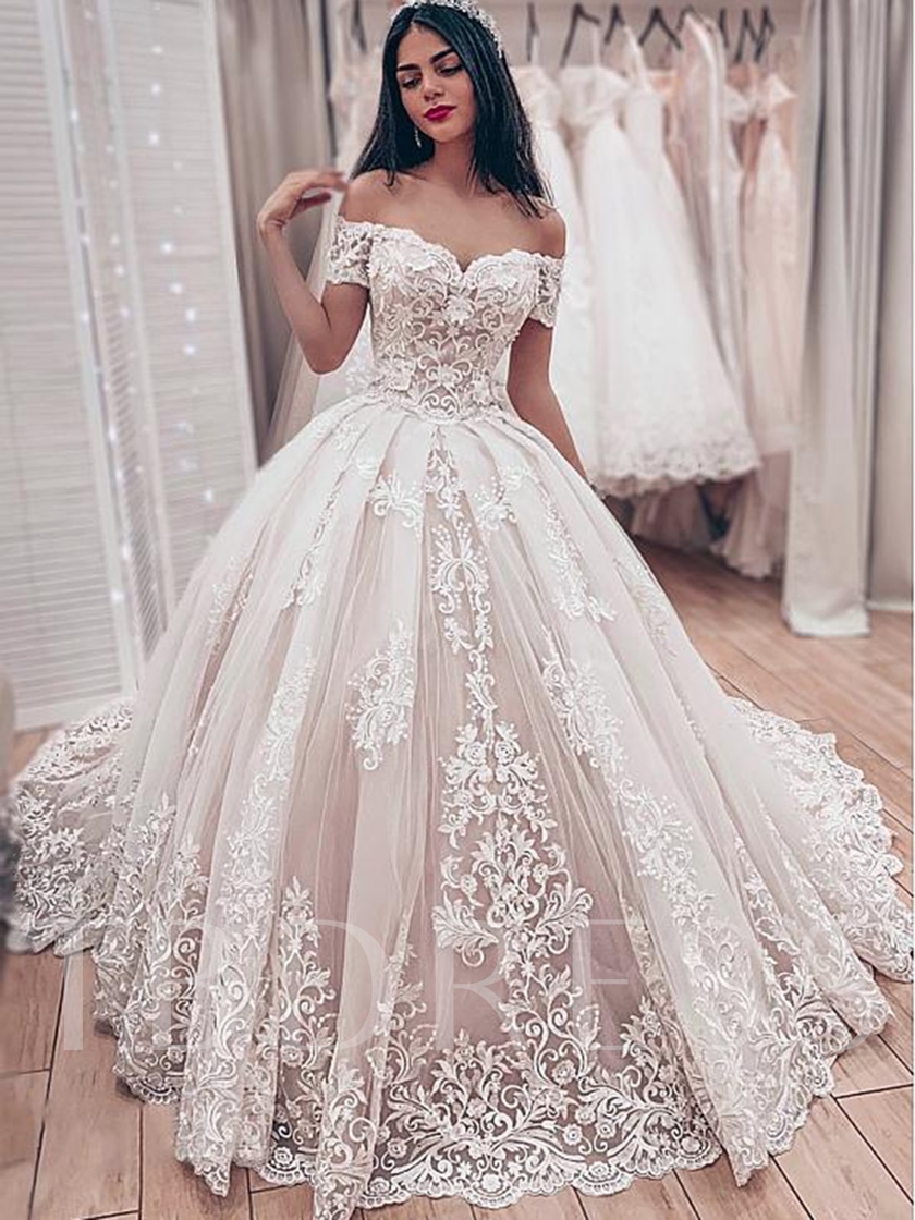 nontraditional unique wedding dresses, beautiful lace wedding gowns, Off the Shoulder Appliques Lace-Up Ball Gown Wedding Dress
