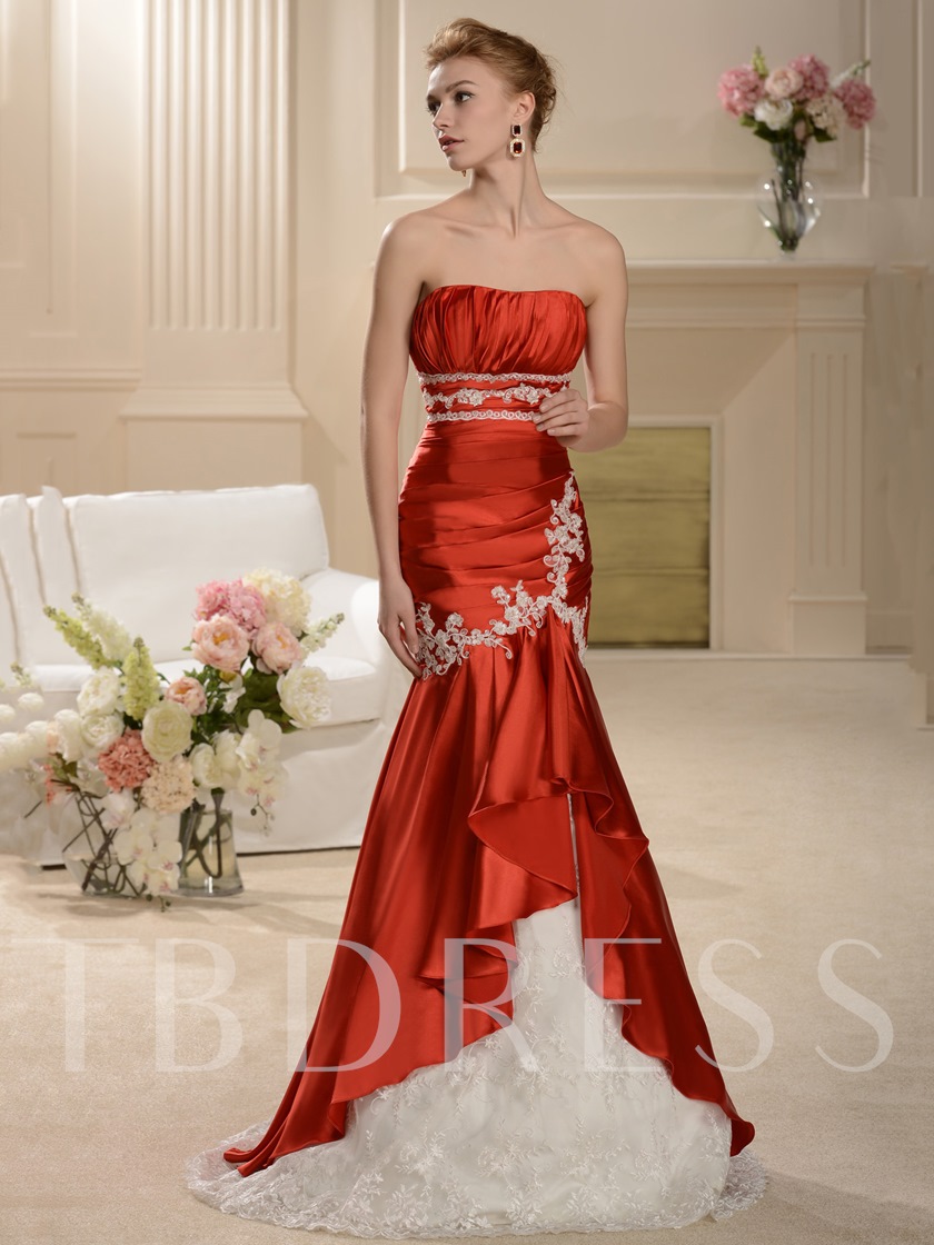 nontraditional unique wedding dresses, red wedding dresses, orange wedding dress, Mermaid Appliques Beading Red Wedding Dress