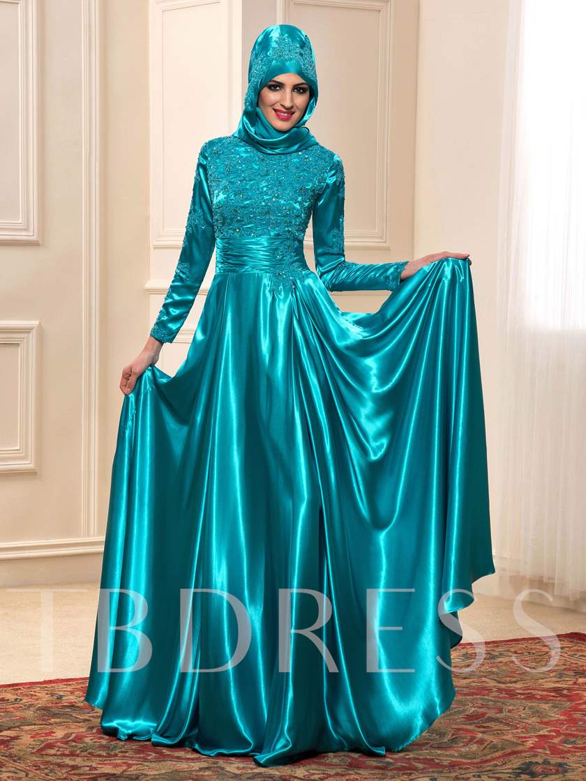 nontraditional unique wedding dresses, Long Sleeve Appliques Muslim Wedding Dress, teal wedding gown, Muslim wedding gown