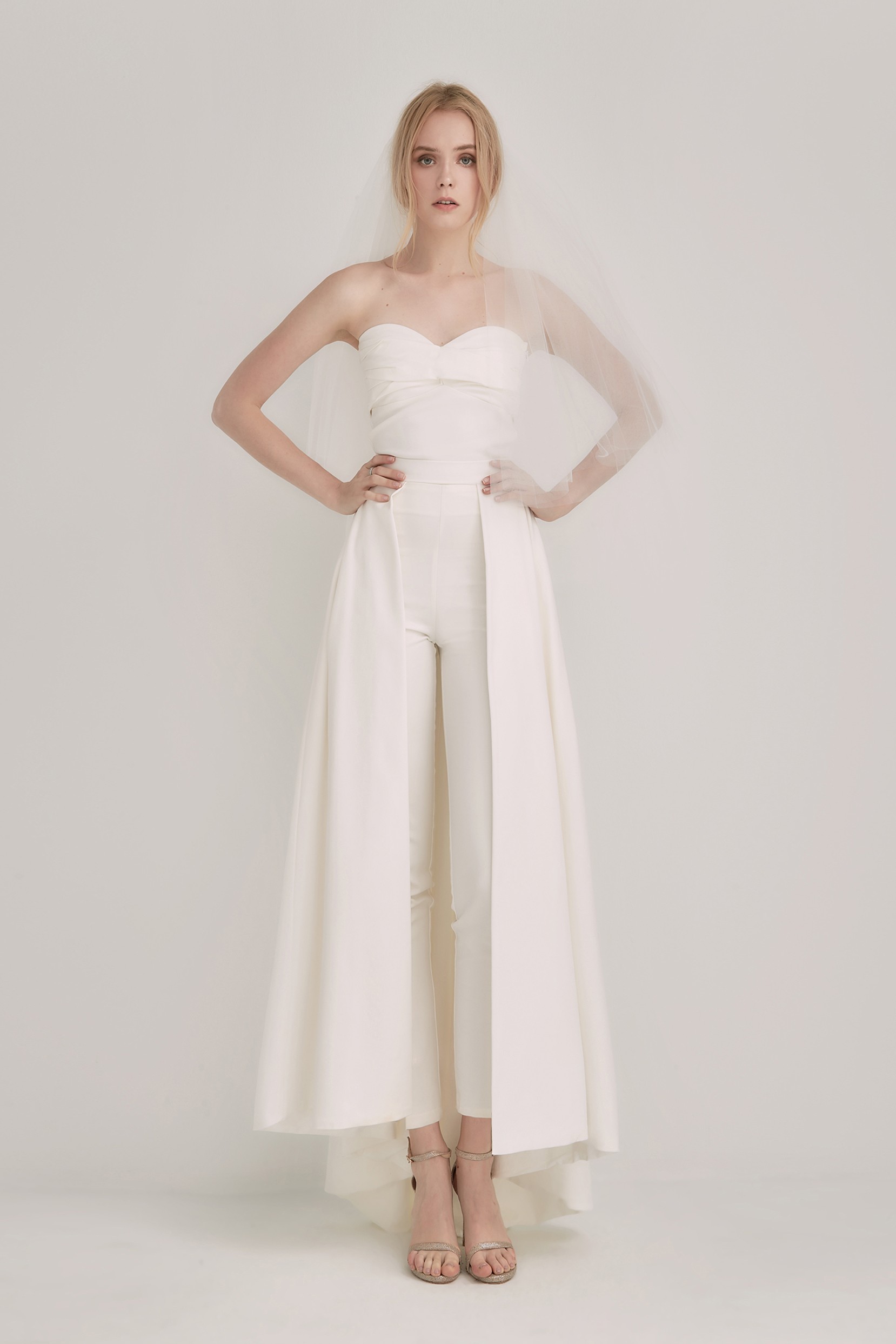 nontraditional unique wedding dresses, wedding pantsuits, Stylish Floor Length Crepe-A Three-Piece Wedding Pantsuit