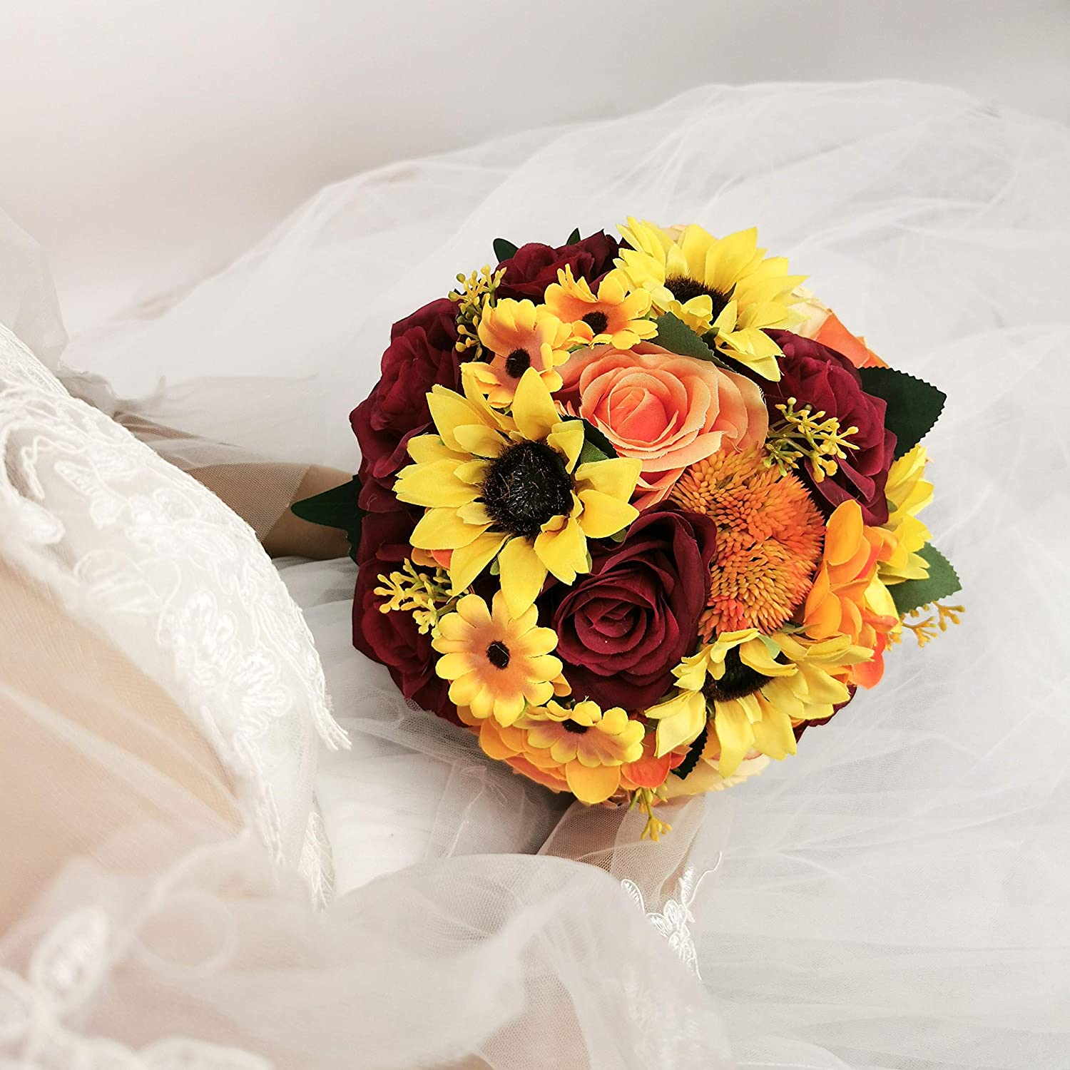 Artificial Rustic Autumn Yellow Sunflower and Rose Bridal Bouquet