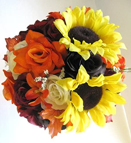 Silk Bridal Bouquet Burgundy Orange Yellow and Brown Floral Arrangement For Fall