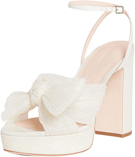 Chunky Open Toed Platform Heels With Pleated Bow Knot