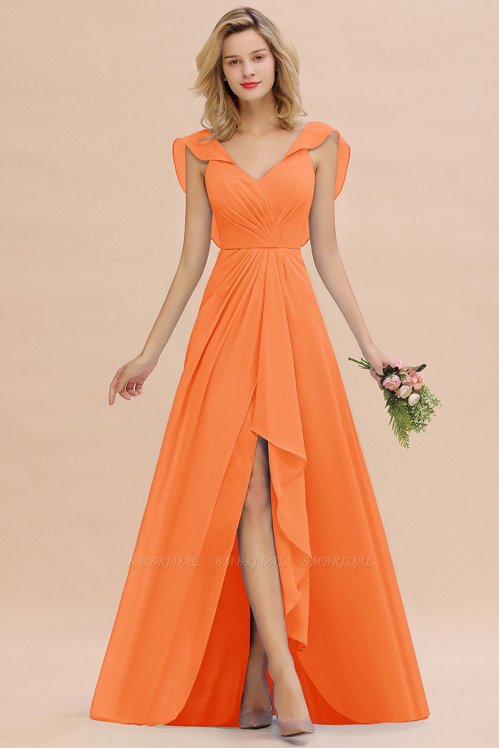 orange bridesmaid dresses, orange bridesmaid gowns,Modest Hi-Lo V-Neck Ruffle Long Bridesmaid Dress with Slit