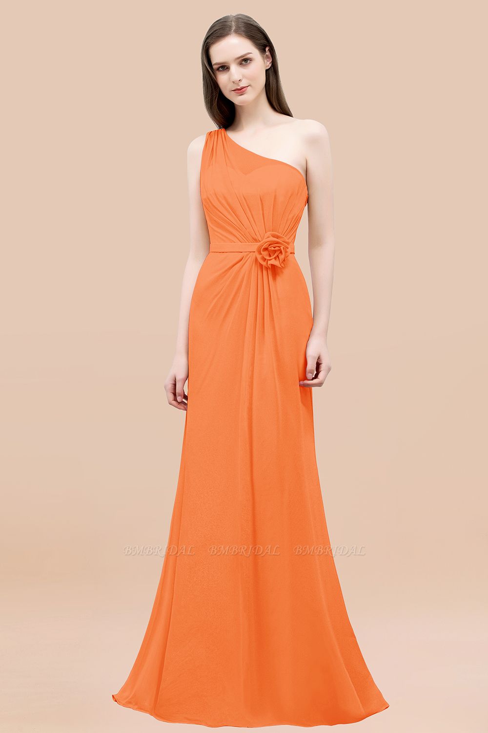 orange bridesmaid dresses, orange bridesmaid gowns, Affordable Mermaid One shoulder Orange Bridesmaid Dresses with Flowers
