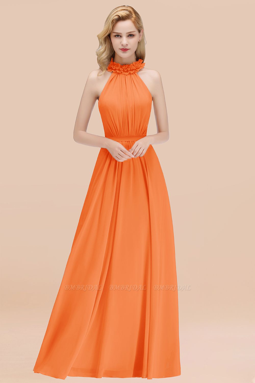orange bridesmaid dresses, orange bridesmaid gowns, Modest High-Neck Halter Ruffle Chiffon Bridesmaid Dresses Affordable