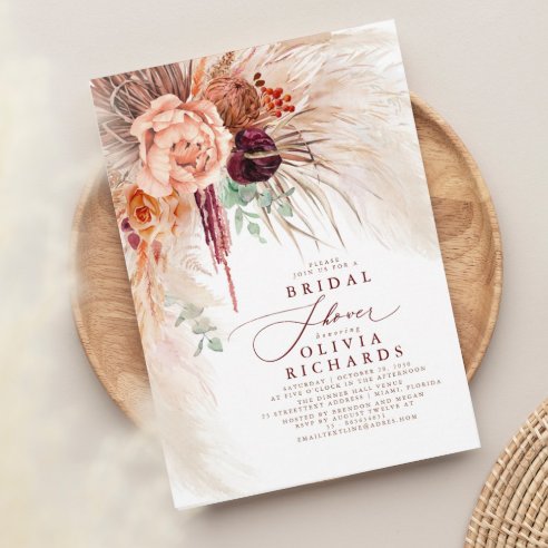Pampas Grass Terracotta Floral Bridal Shower Invitation
