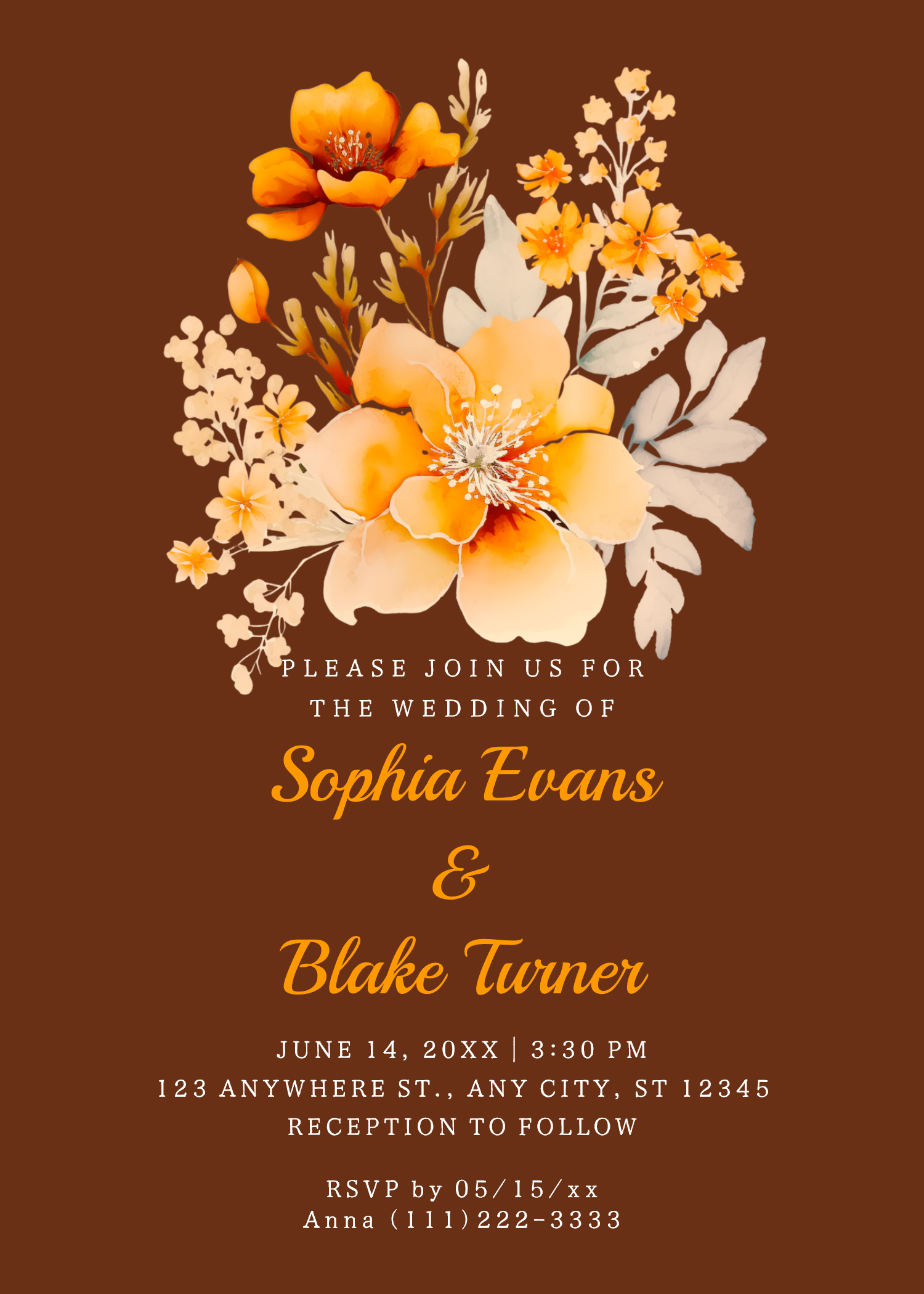Pastel Orange Floral Bouquet Fall Brown Wedding Invitation