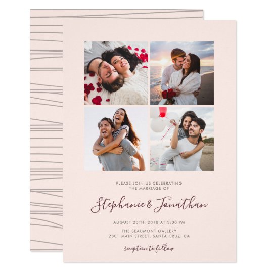 picture wedding invitations, photo wedding invitations, photo collage wedding invitation, Calligraphy Blush Pink Photo Wedding Invitation