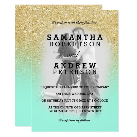 picture wedding invitations, photo wedding invitations, ombre wedding invitations, Mint green gold glitter ombre photo wedding invitation