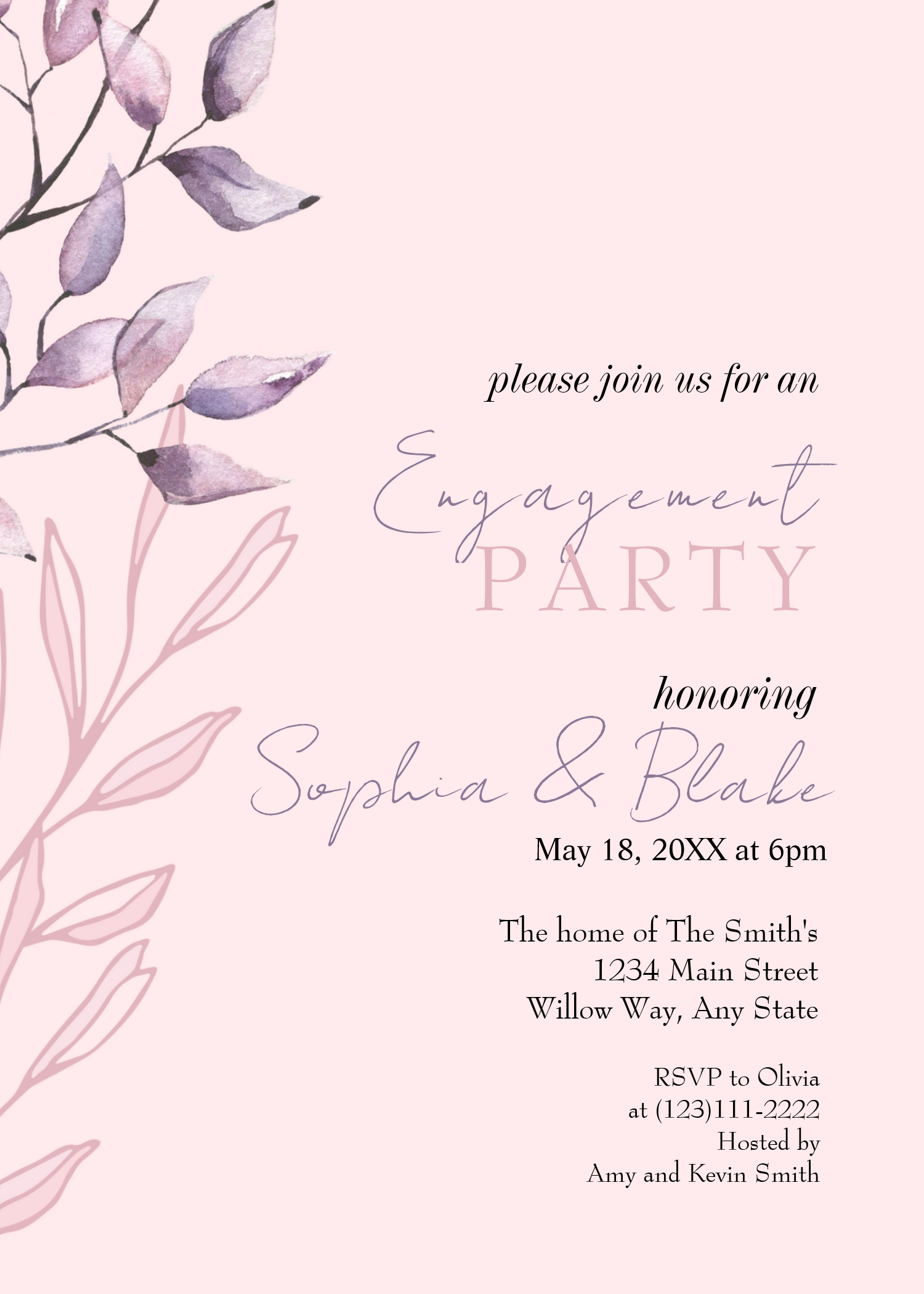 Pink and Purple Foliage Pink Engagement Party Invitation