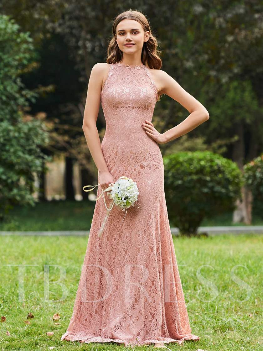 pink bridesmaid dresses, pink bridesmaid gowns, Straps Long Sheath Lace Bridesmaid Dress
