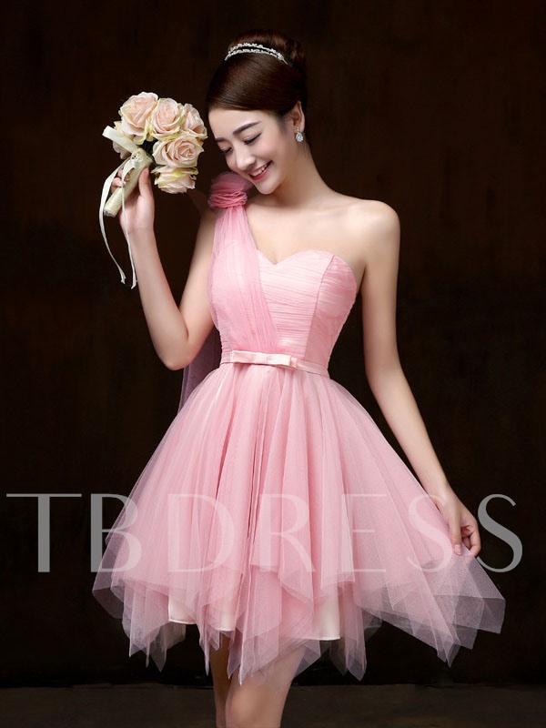 pink bridesmaid dresses, pink bridesmaid gowns, One-Shoulder Asymmetry Short Bridesmaid Dress