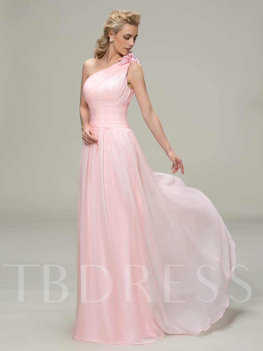 pink bridesmaid dresses, pink bridesmaid gowns, One Shoulder Flower Pleated Bridesmaid Dress