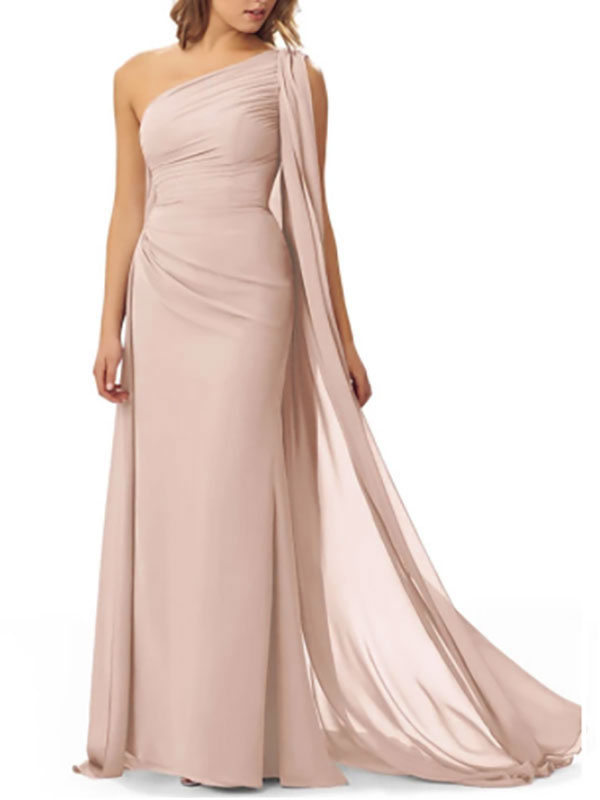 Pink One-Shoulder Pleated Chiffon Bridesmaid Dress