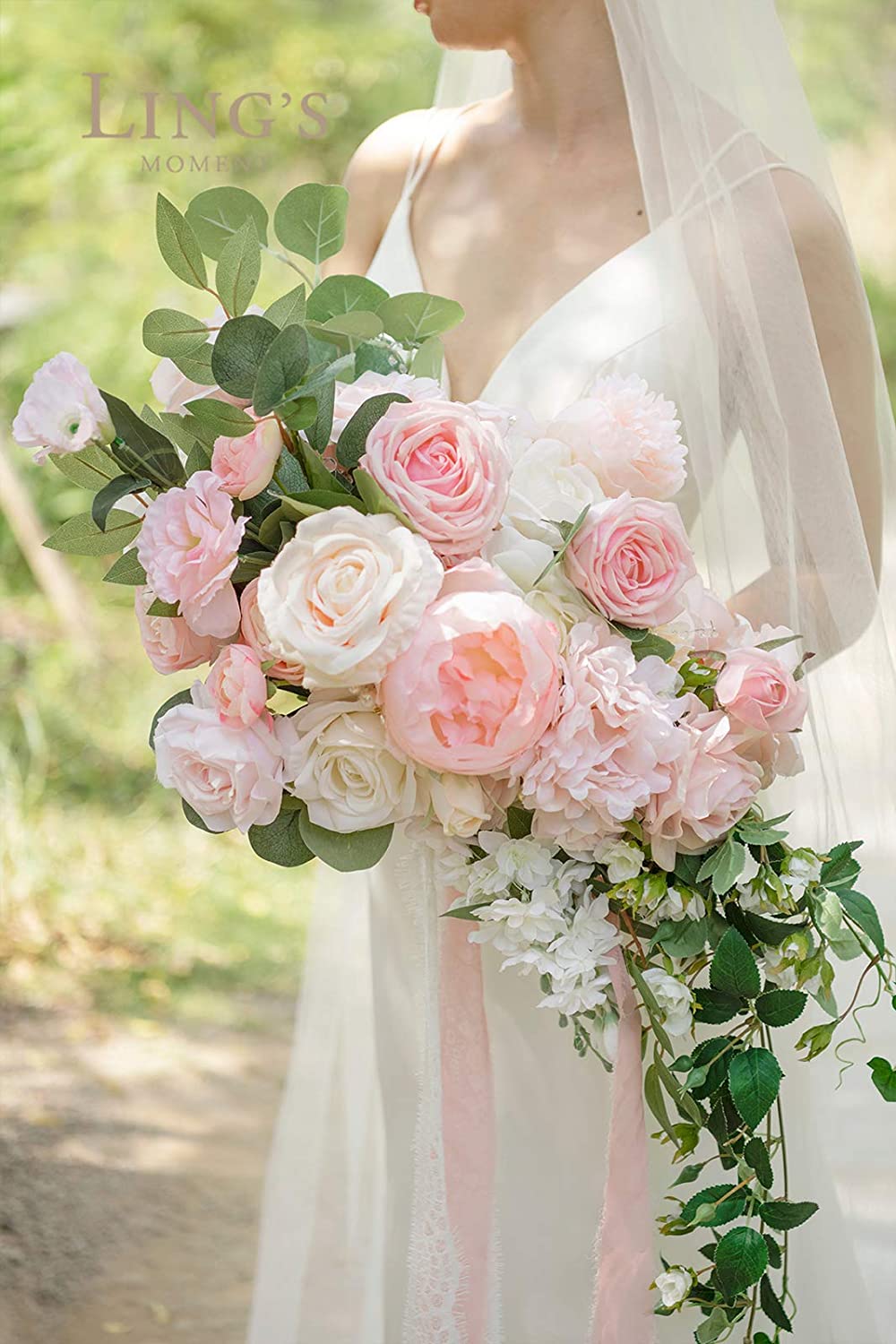 Bride Holding Amazing 17 Inch Blush Artificial French Rustic Pink Bridal Bouquet