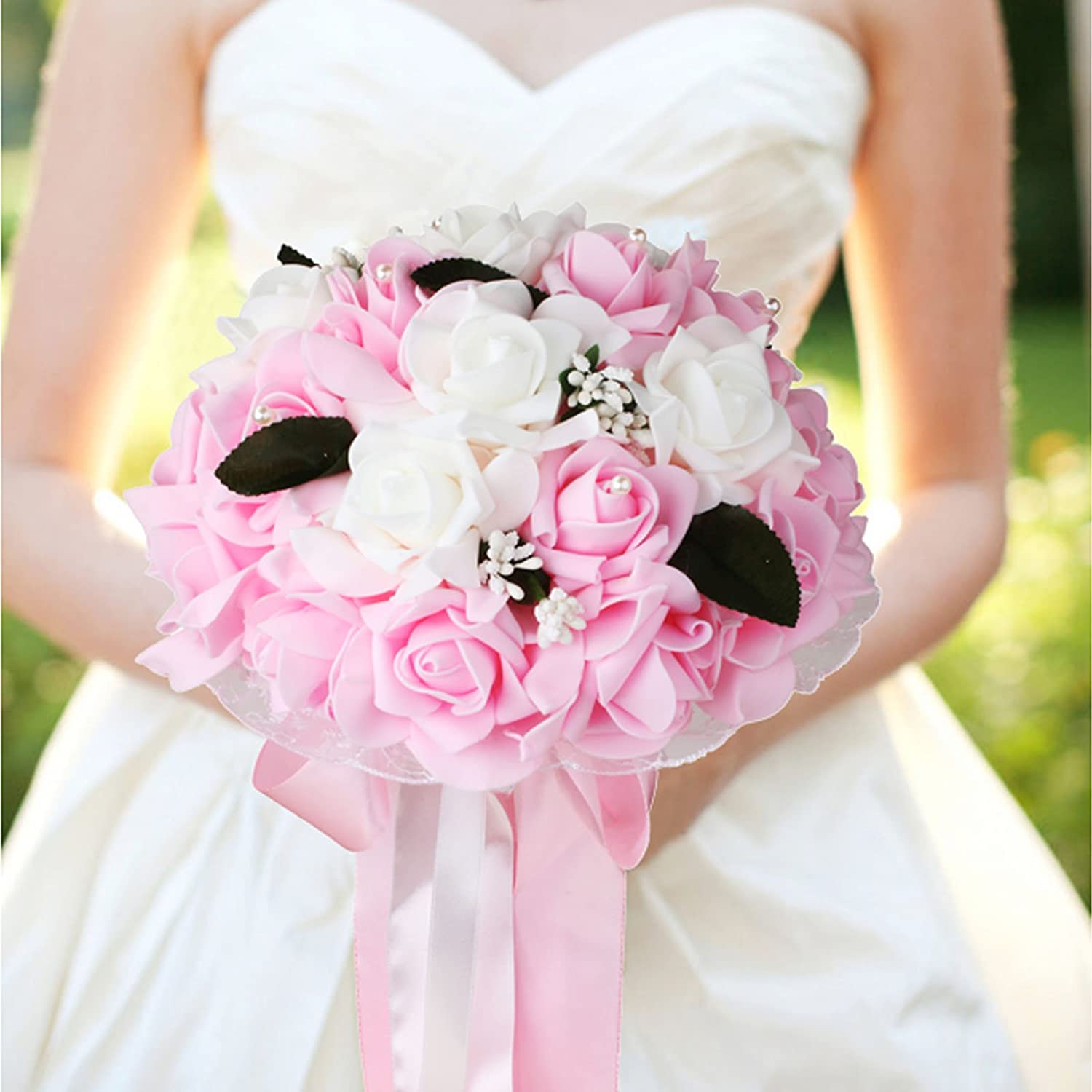 Bride Holding White & Baby Pink Artificial Foam Rose Wedding Bouquet