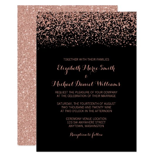 pink wedding invitations, black and pink wedding invitations, modern wedding invitations, Modern Black Rose Gold Faux Glitter Wedding Invitation