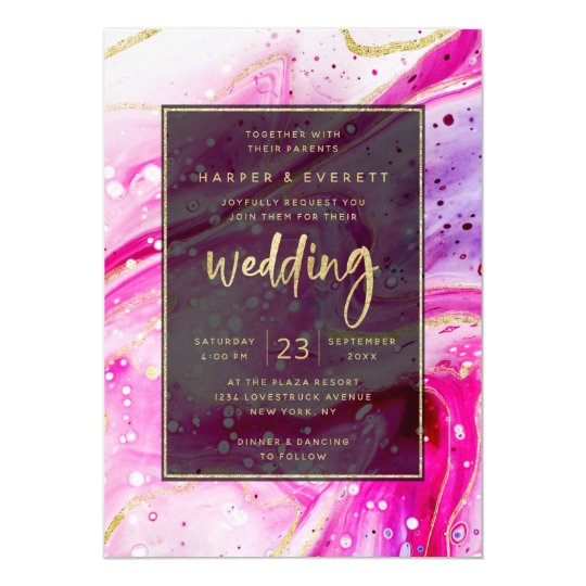 pink wedding invitations, artistic wedding invitations, modern wedding invitations, Inky Splash Pink Marble with Gold foil Wedding Invitation