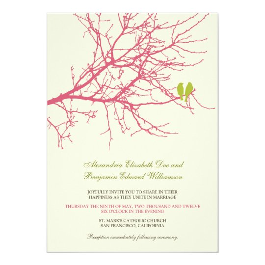 pink wedding invitations, nature wedding invitations, fun wedding invitations, Love Birds Branch Wedding Invitation in Fuchsia and Lime Green