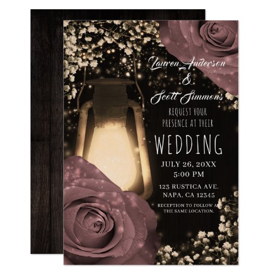 pink wedding invitations, rustic wedding invitations, floral wedding invitations, modern wedding invitations, Rustic Glow Lantern & Dusty Pink Roses Wedding Invitation