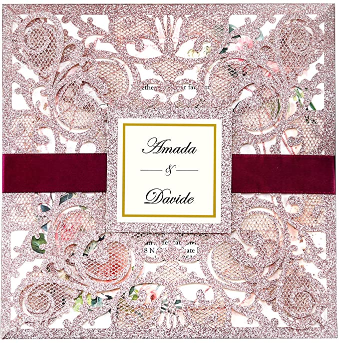 pink wedding invitations, pink pocket wedding invitations, intricate pink wedding invitations