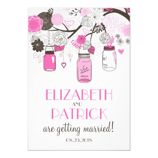 pink wedding invitations, modern wedding invitations, cute wedding invitations, Hot Pink Mason Jars Wedding Invitation
