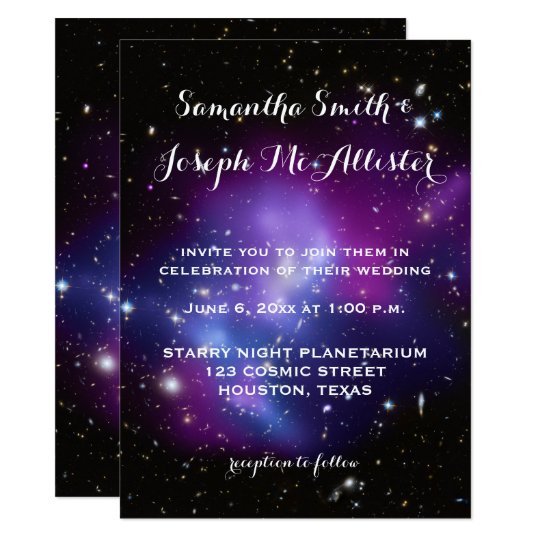 purple wedding invitations, purple and black wedding invitations, modern wedding invitations, Purple Galaxy Cluster Planetarium Wedding Invitation