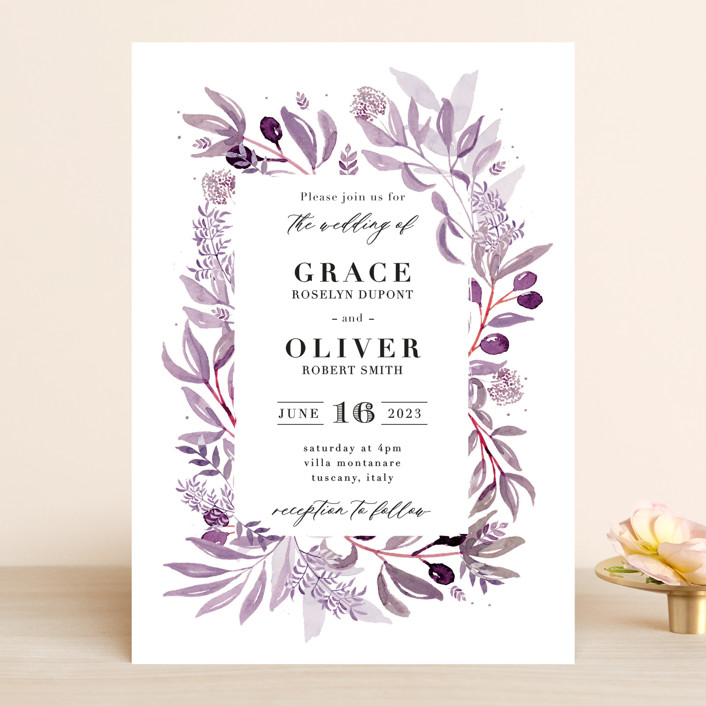 purple wedding invitations, floral wedding invitations, elegant wedding invitations, Purple and White Elegant Floral Wedding Invitation