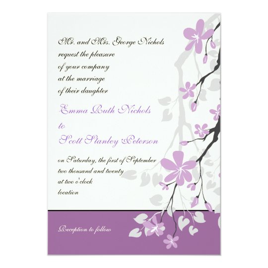 purple wedding invitations, pretty wedding invitations, elegant wedding invitations, Magnolia branch purple flowers wedding invitation