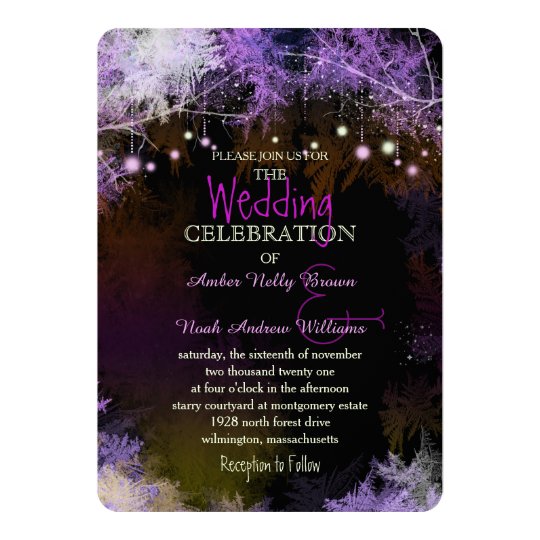 purple wedding invitations, modern wedding invitations, unique wedding invitations, Starry Evening Forest Purple Wedding Invitation