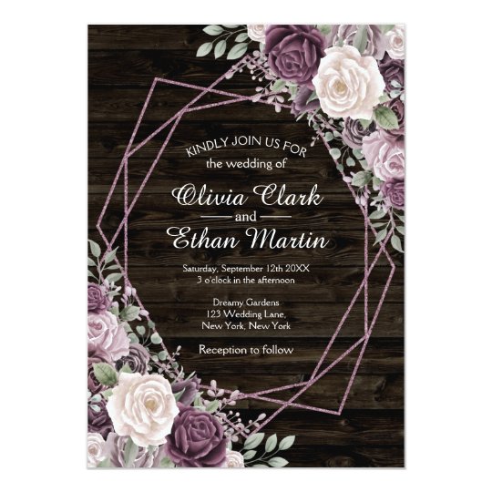 purple wedding invitations, rustic wedding invitations, floral wedding invitations, Dusty Purple Rose Floral Geometric on Dark Wood Invitation