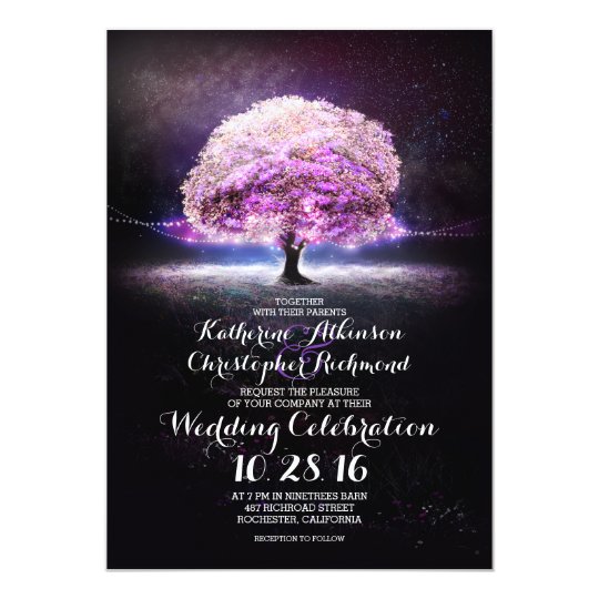 purple wedding invitations, purple tree wedding invitations, modern wedding invitations, romantic string lights tree purple wedding invites