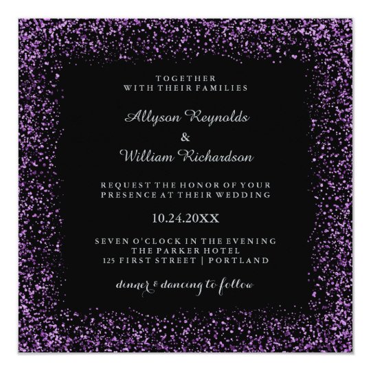 purple wedding invitations, purple wedding stationery, purple and black wedding invitations, modern wedding invitations, Black Silver and Purple Confetti Dark Glam Wedding Invitation