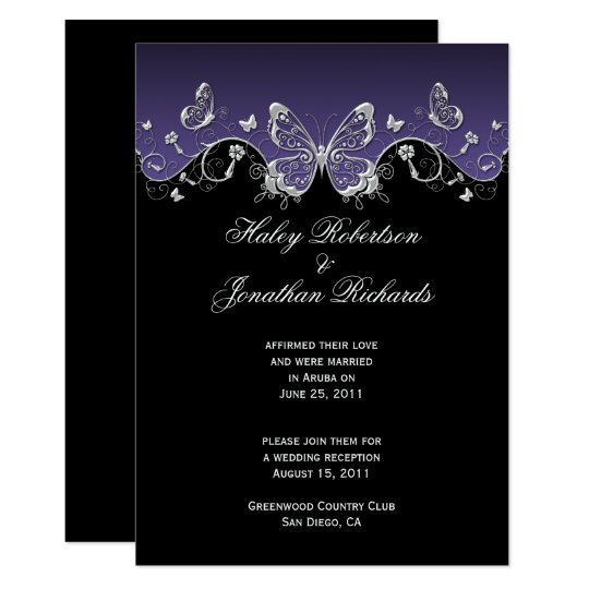 purple wedding invitations, purple and black wedding invitations, butterfly wedding invitations, Purple Black Silver Butterflies Post Wedding Invitation