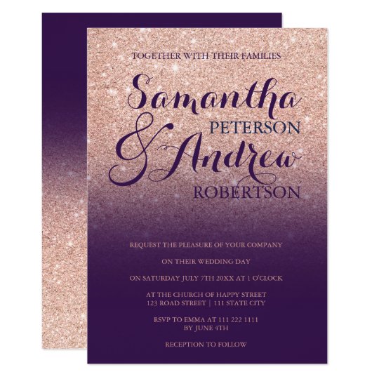 Purple Wedding Invitations, purple and rose gold wedding invitations, modern wedding invitations, Chic rose gold glitter purple grape wedding invitation