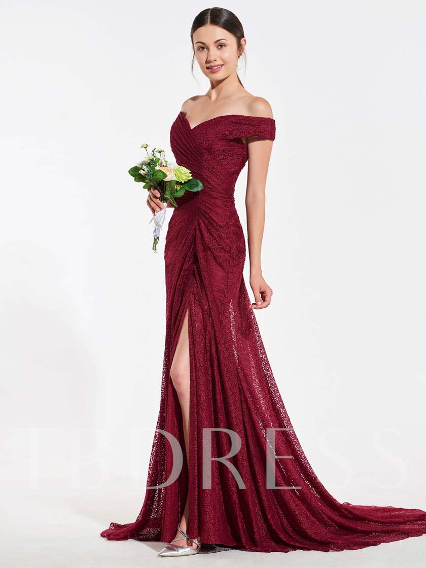 red bridesmaid dresses, red bridesmaid gowns, Off the Shoulder Mermaid Split-Front Lace Bridesmaid Dress