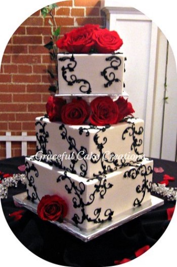 red wedding cakes, black white and red wedding cakes, wedding cakes with red roses