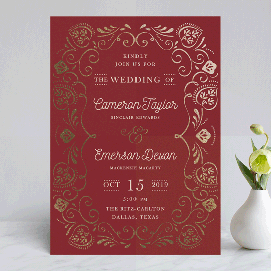 red wedding invitations, red and gold wedding invitations, elegant wedding invitations, Ruby Red Wedding Invitations Bordered in Gold Leaves