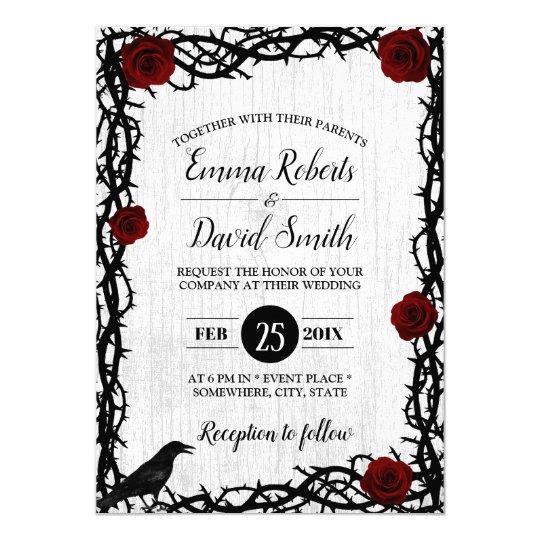 red wedding invitations, Gothic wedding invitations, Red Rose & Thorn Frame Rustic Fairytale Wedding Invitation