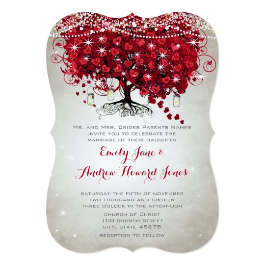 red wedding invitations, modern wedding invitations, beautiful wedding invitations, Rustic Mason Jar Red Heart Leaf Tree Wedding Invitation