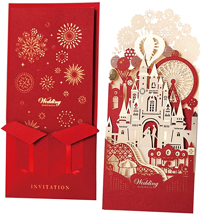 red wedding invitations, fairytale wedding invitations, castle wedding invitations, Fairy Tales 3D Red, White and Gold Bride and Groom in Castle Design Wedding Invites
