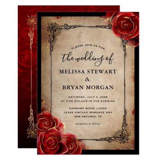 red wedding invitations, red wedding invitations with a border, rose wedding invitations, Rustic Red Rose Gold Black Vintage Elegant Wedding Invitation
