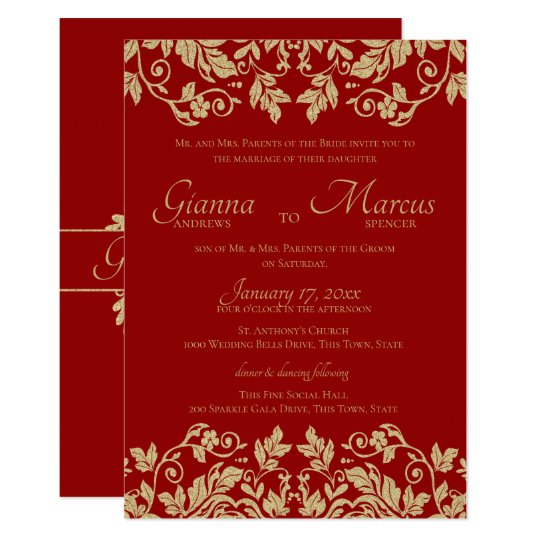 red wedding invitations, modern wedding invitations, Red and Gold Damask Emblem Wedding Invitation