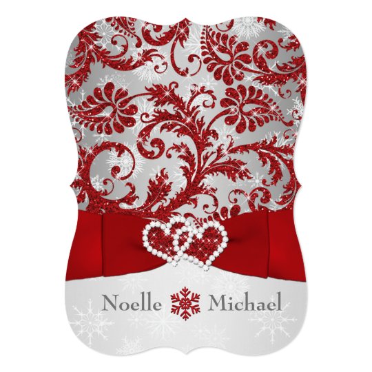 red wedding invitations, red and white wedding invitations, modern wedding invitations, Winter Wonderland Joined Hearts Wedding Invite Red