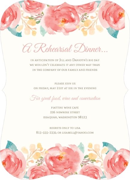 rehearsal dinner invitations, pink elegant watercolor flowers rehearsal dinner invitations