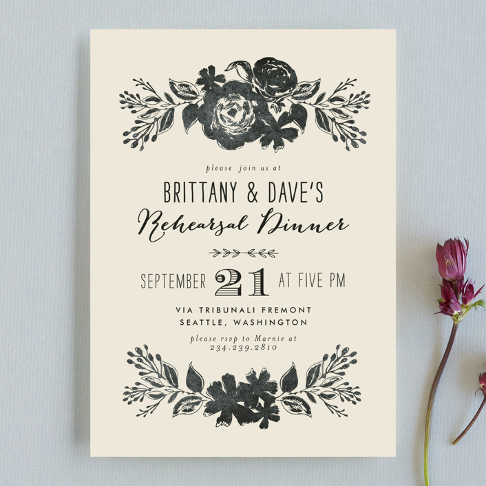 rehearsal dinner invitations, dramatic floral rehearsal dinner invitation