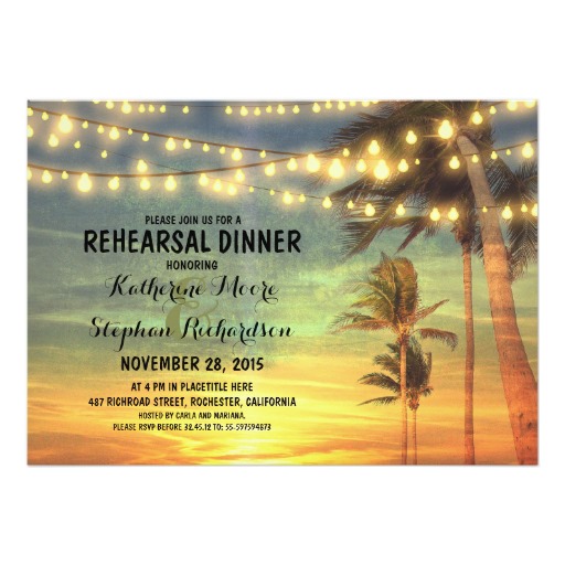 rehearsal dinner etiquette, rehearsal dinner invitations, palm tree rehearsal dinner invitations, lit palm tree rehearsal dinner invitations, tropical rehearsal dinner invitations