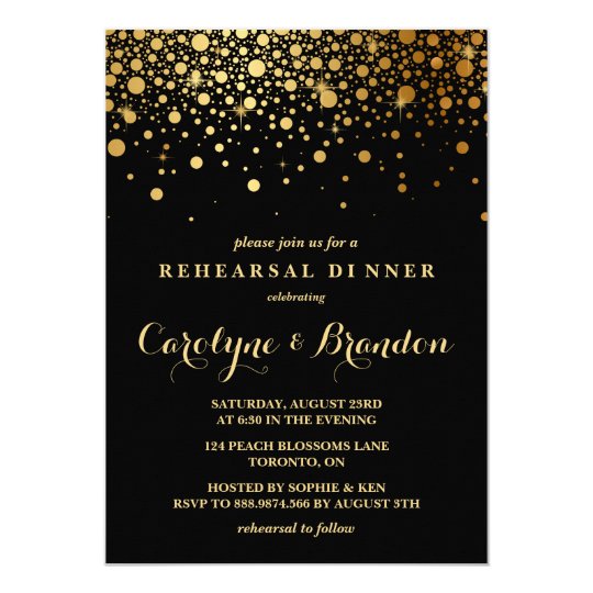 rehearsal dinner invitations, Faux Gold Foil Confetti | Black Rehearsal Dinner Invitation, black and gold rehearsal dinner invitations